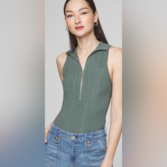 White House Black Market Tops - White House Black Market Rosemary Sage Green Zip Rib Halter Sweater Tank Sz L